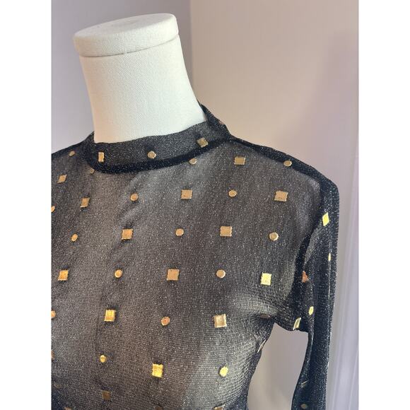 Lulus Rooftop Party Black Mesh Bodysuit Top Small Gold Embellished Long Sleeve - Picture 8 of 11